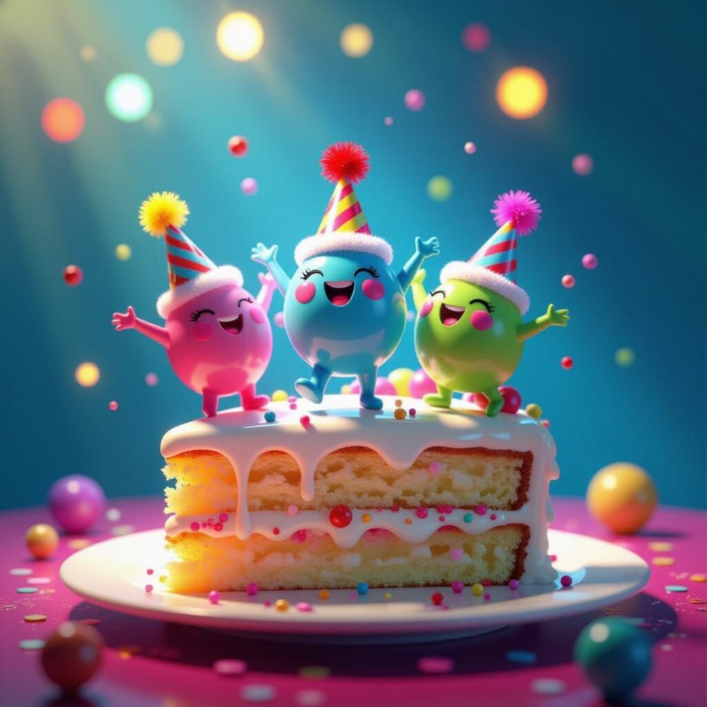 Microbes Dancing on Cake Slice in Art Nouveau Style