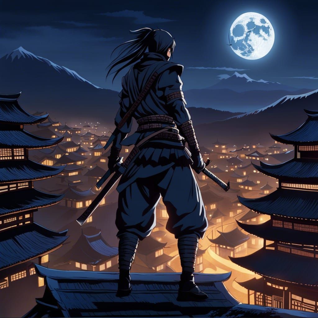 Anime Ninja on Rooftop Under Moonlight