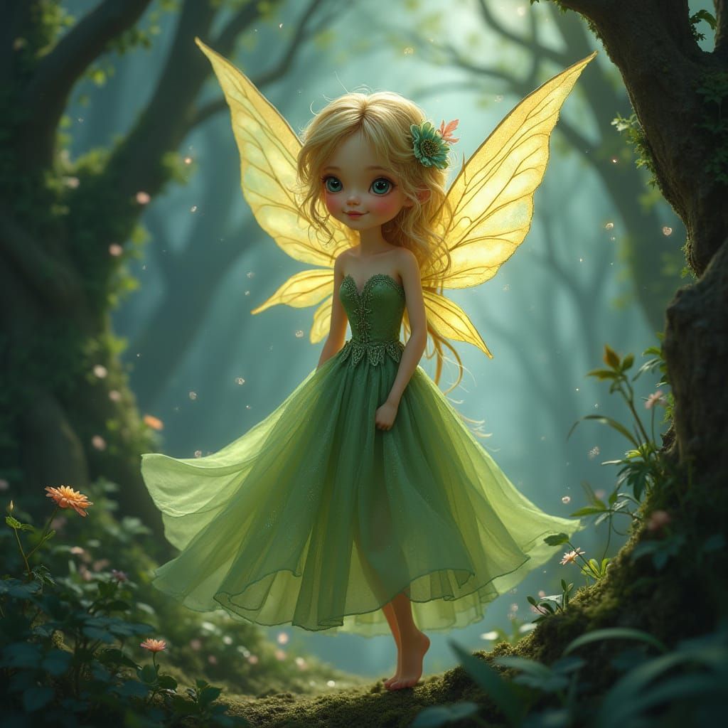 Whimsical Fairy in a Dreamy, Moonlit Forest Scene
