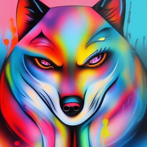 Colorful Wolf Girl in Graffiti Splash Art Style