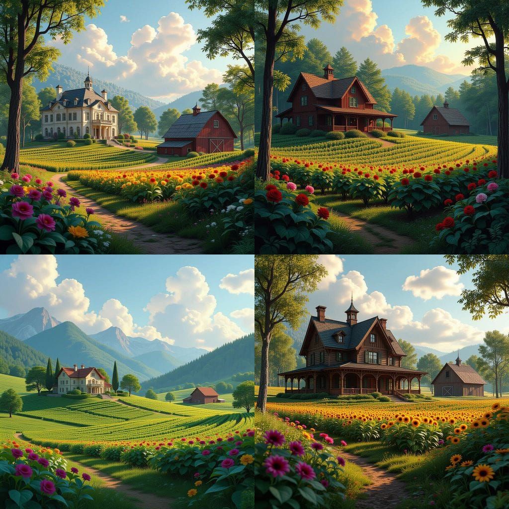 Detailed Mansion and Barn Landscape Painting