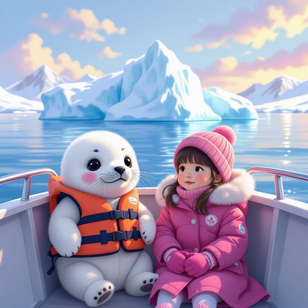 Baby Seal on Ferry in Dreamy Pastel Art Style