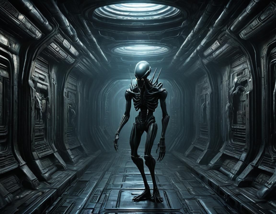 Xenomorph Stalking Human in Cyberpunk Biomechanical Style