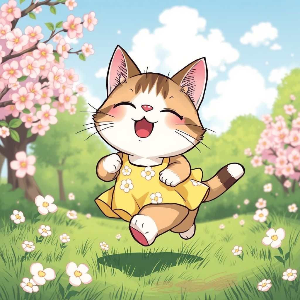 Torbie Cat's Joyful Run in Ghibli Style