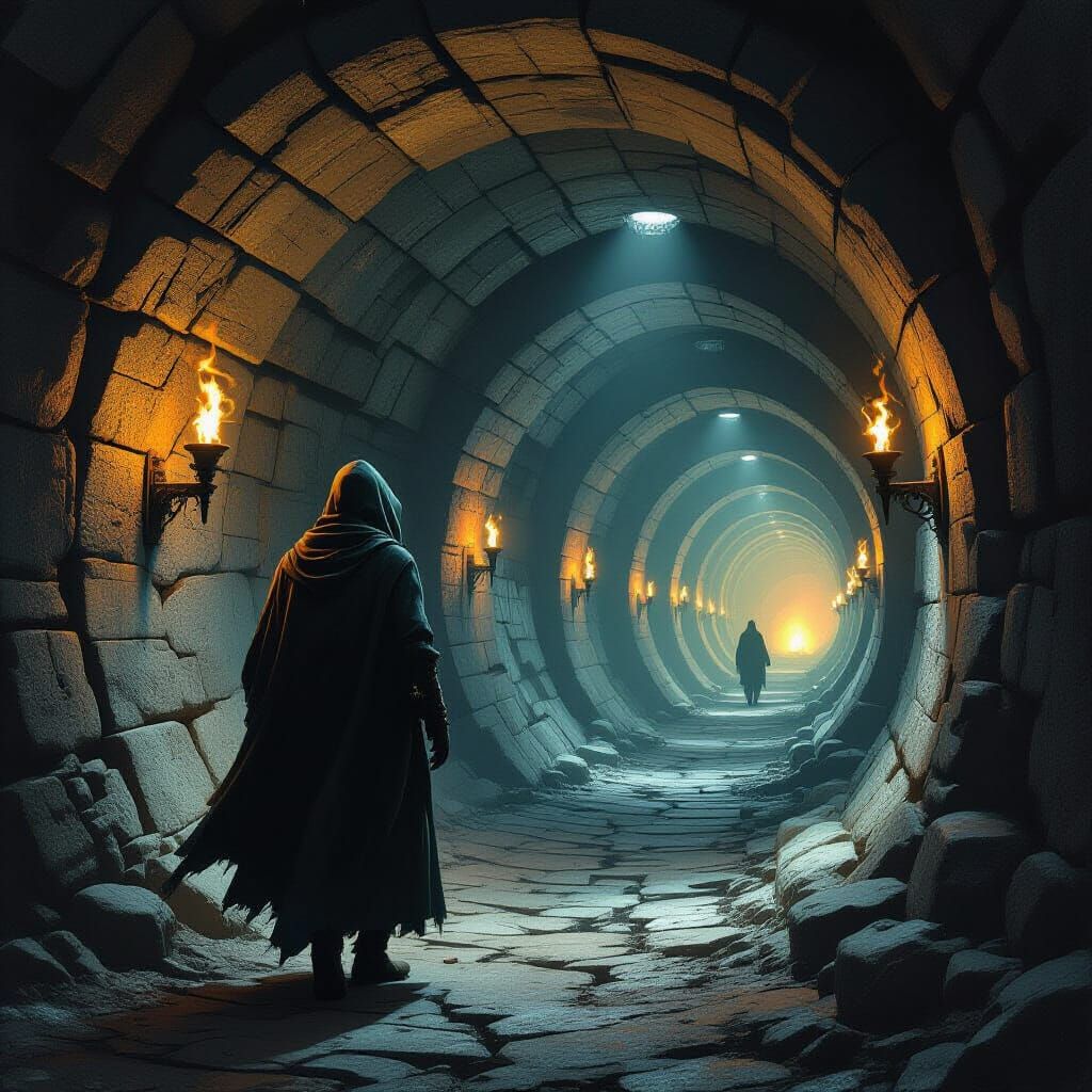 Hooded Figure in a Secret Stone Passage