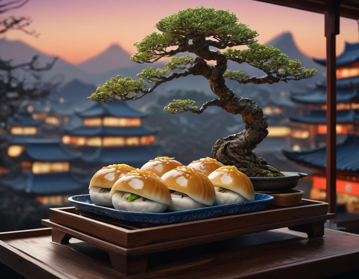 Steamed Bao on Japanese Stand, Detailed Illustration