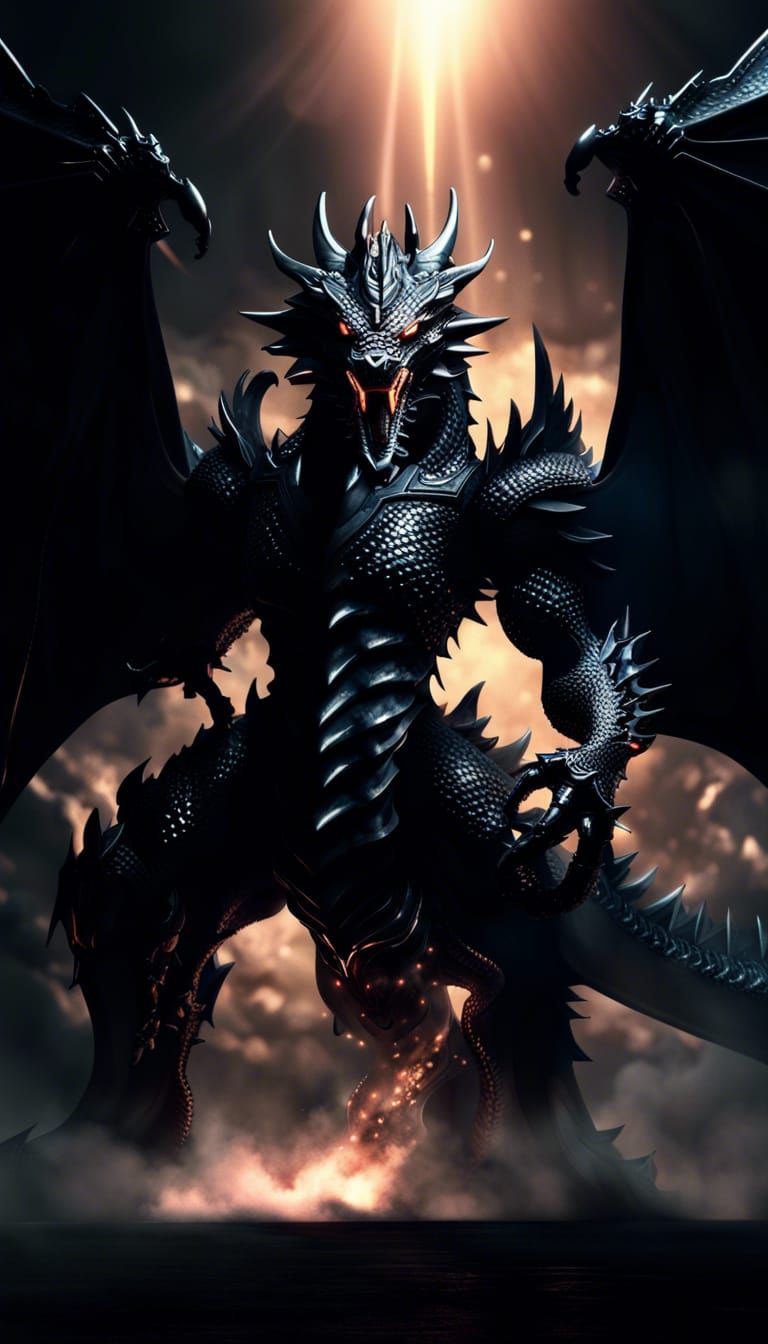 Black Dragon God Battling Knight in Photorealistic Style
