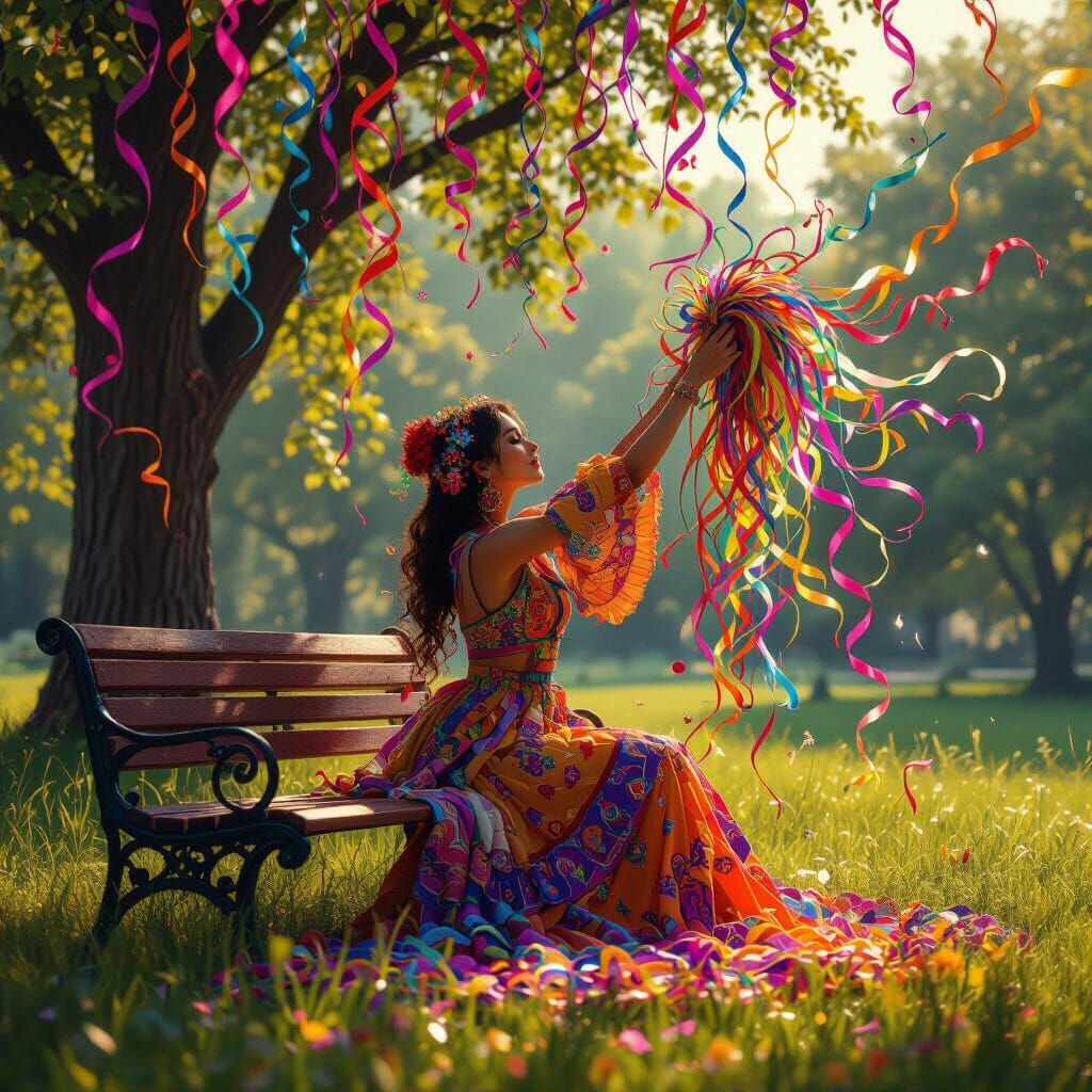 Woman with Colorful Streamers in Dreamy Landscape