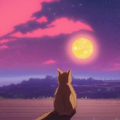 Cat Stargazing: Anime Key Visual in Ghibli Style