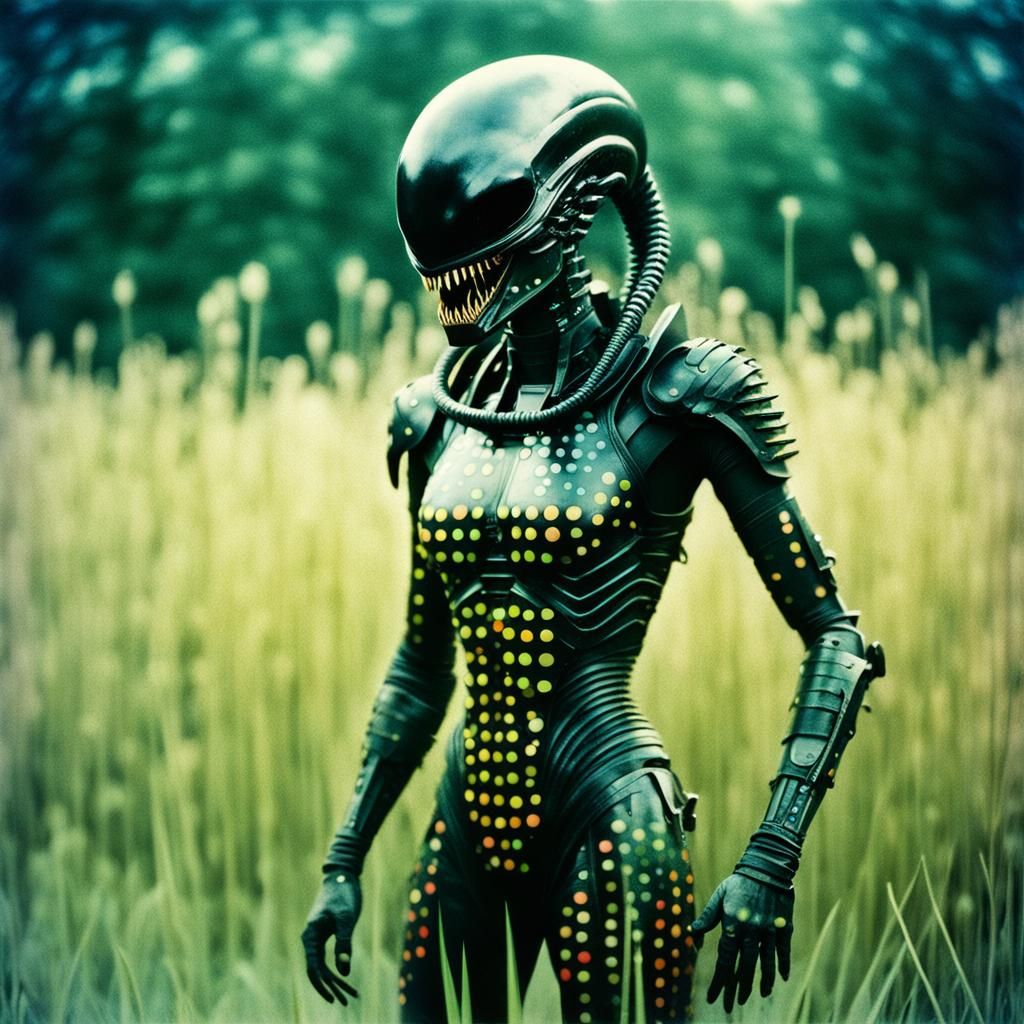 Xenomorph Warrior Girl Portrait in Vintage Colors