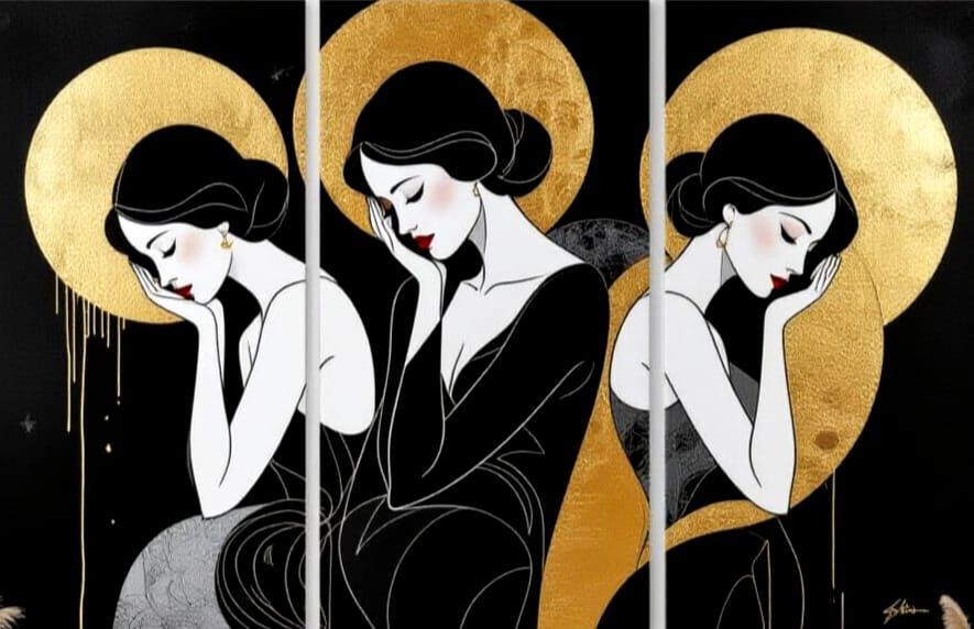 Elegant Abstract Triptych: Sad Woman in Black, White, Grey, ...