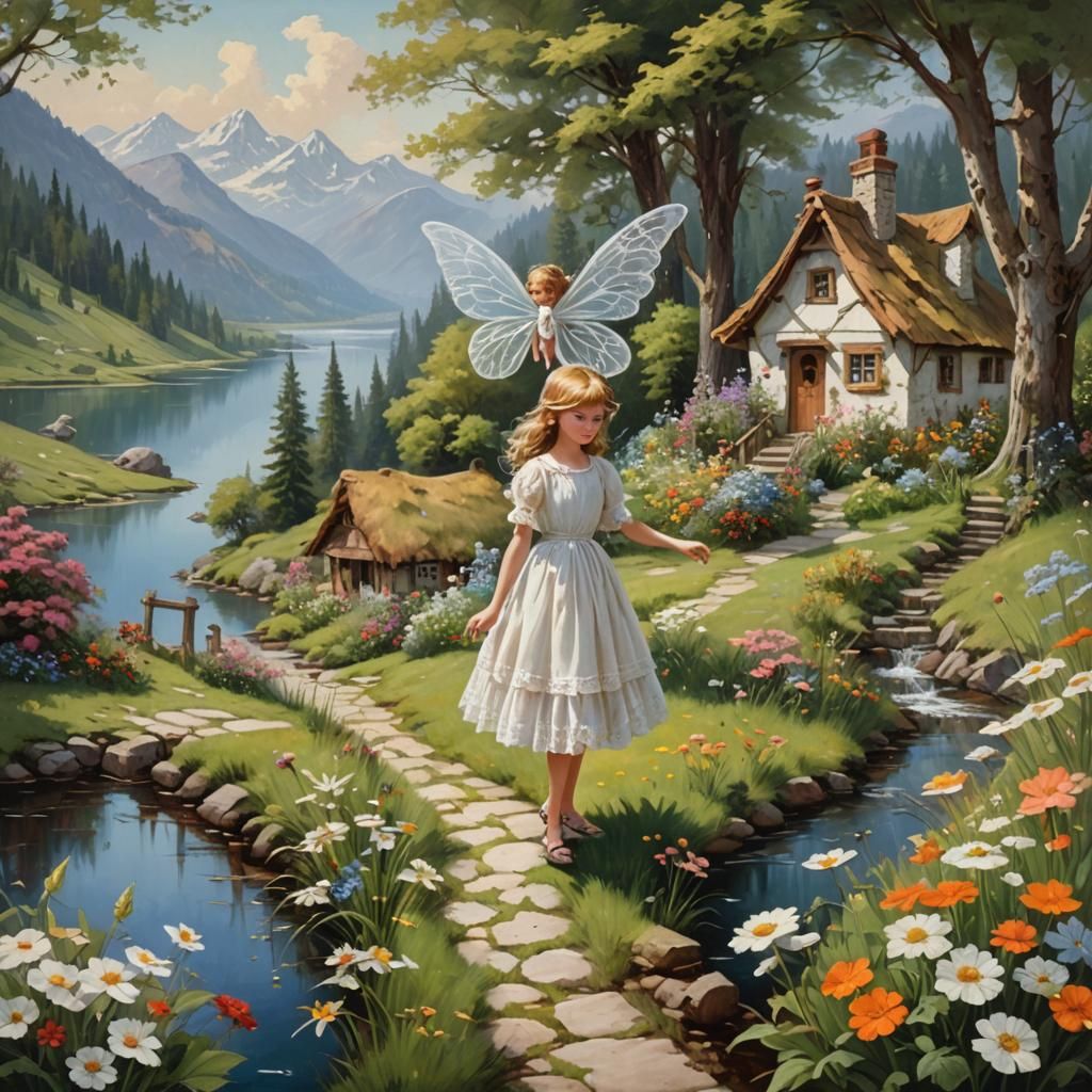 Fairies Gathering by Lakeside Cottages: Oil Painting
