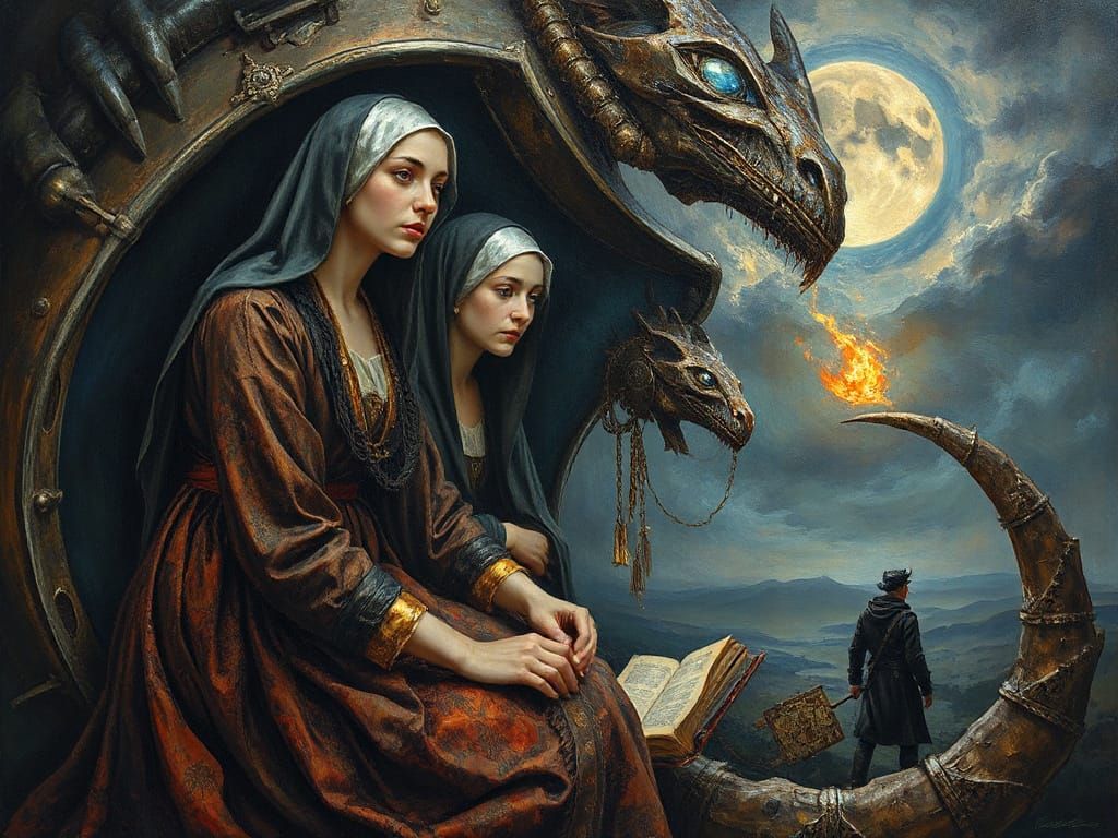 Surreal Steampunk Sisters of Mercy: Oil Painting
