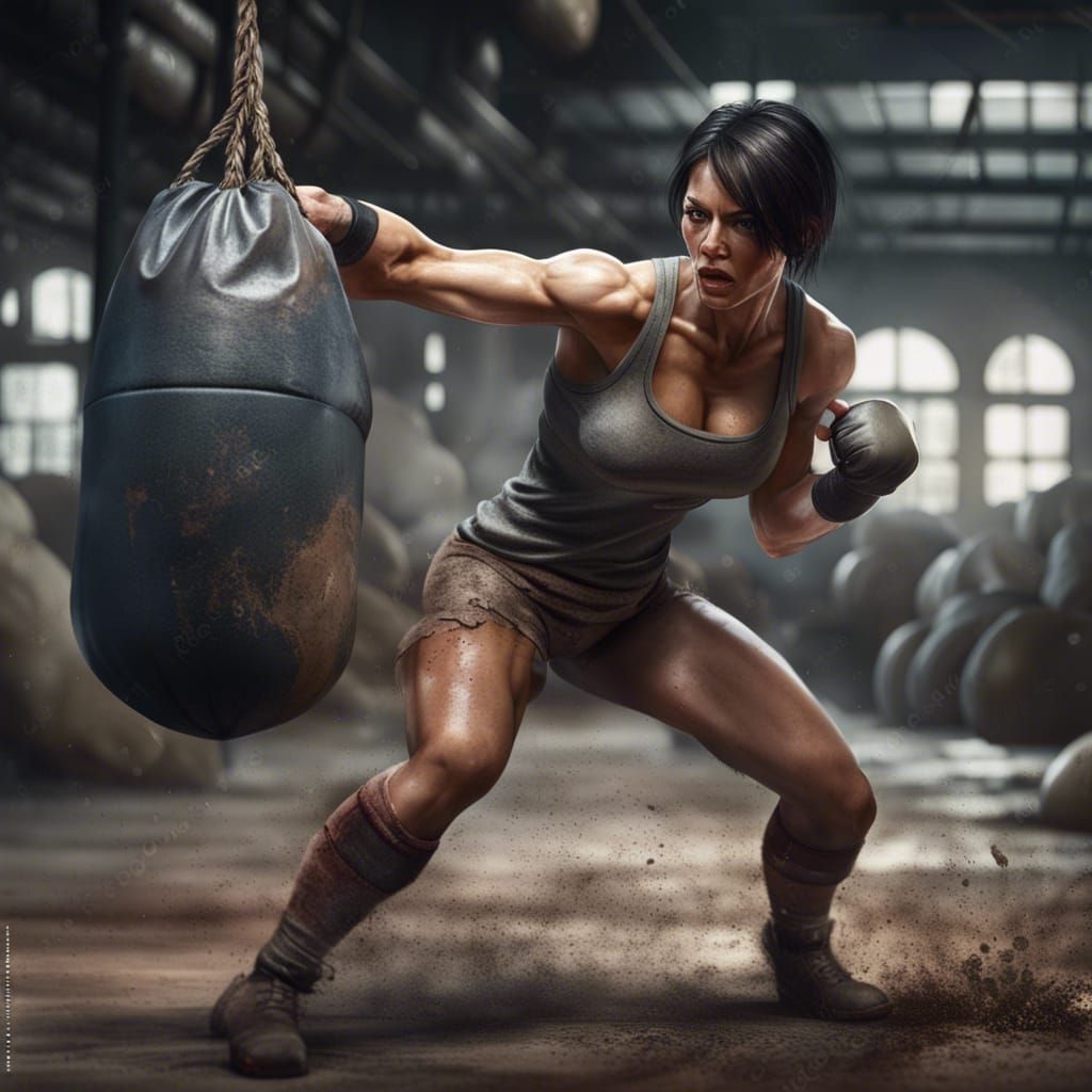 Muscular Female Fighter Training in Old Factory