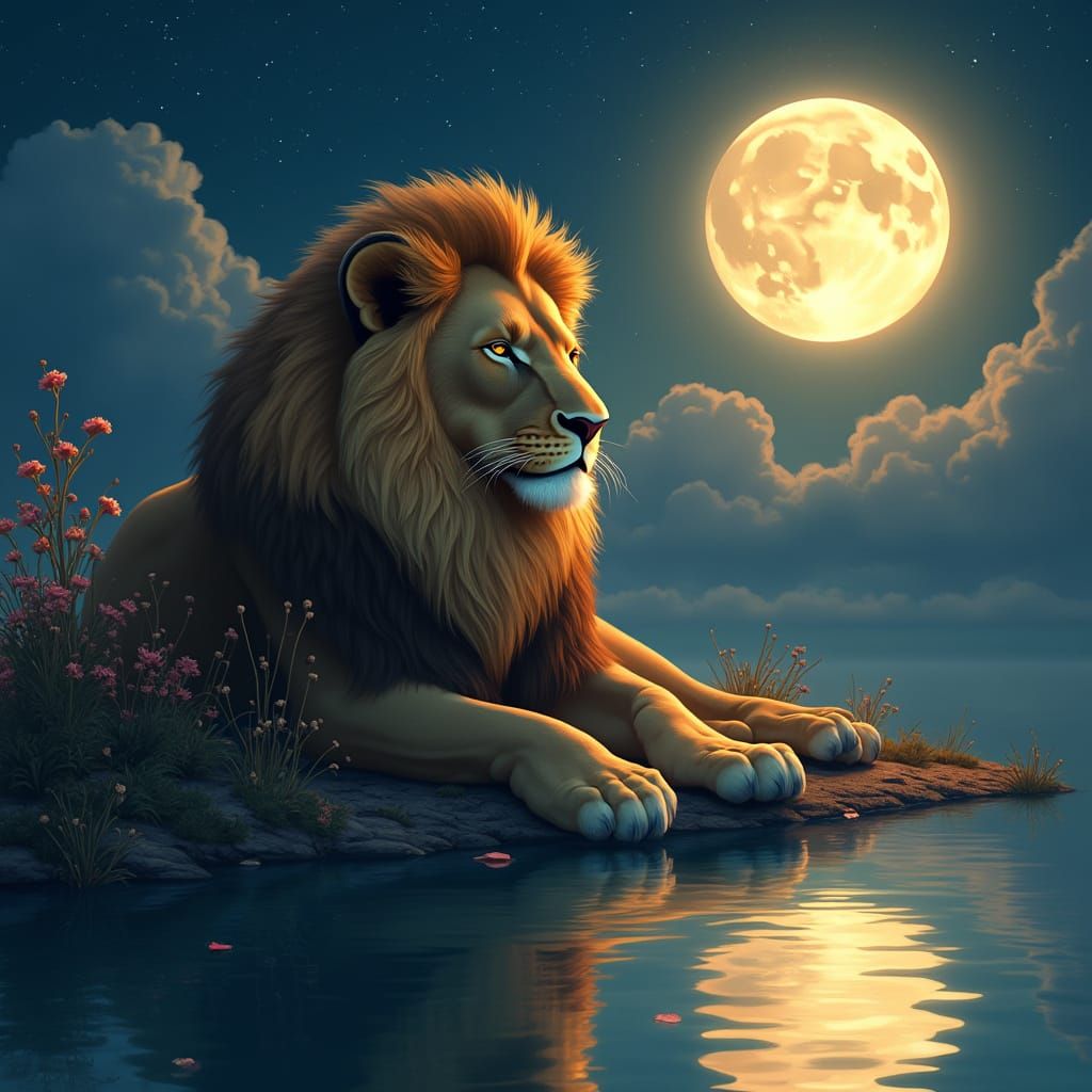 Regal Lion Under Full Moon in Dreamlike Digital Art