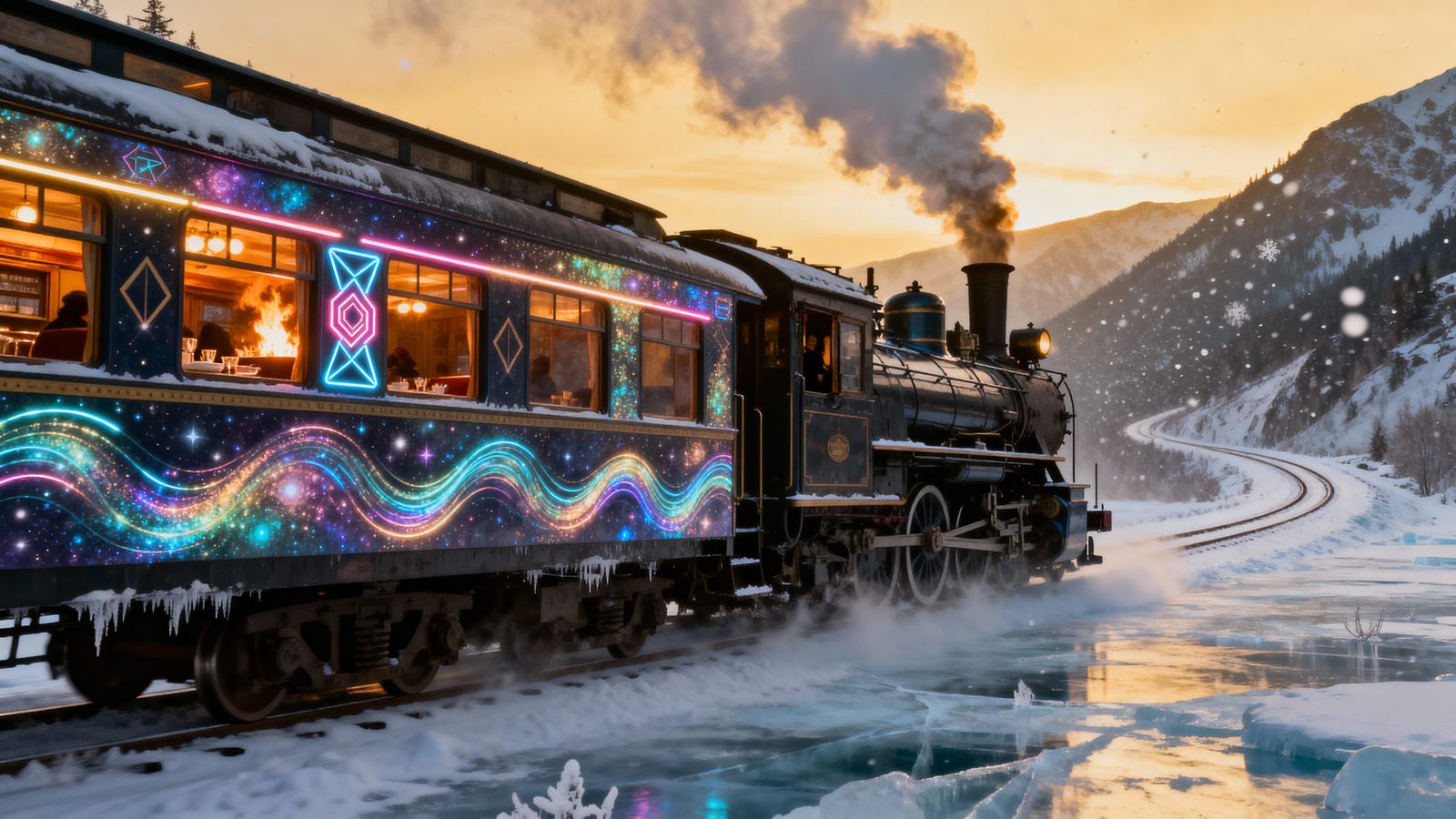 Old Steam Train on Icy Plains at Golden Hour