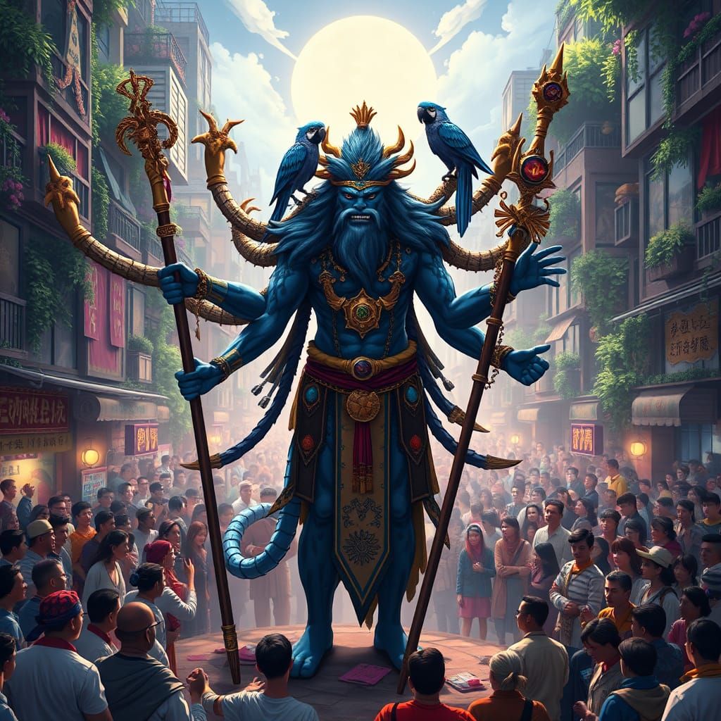 Blue Leopard Shaman in Vibrant Cityscape, Anime Style