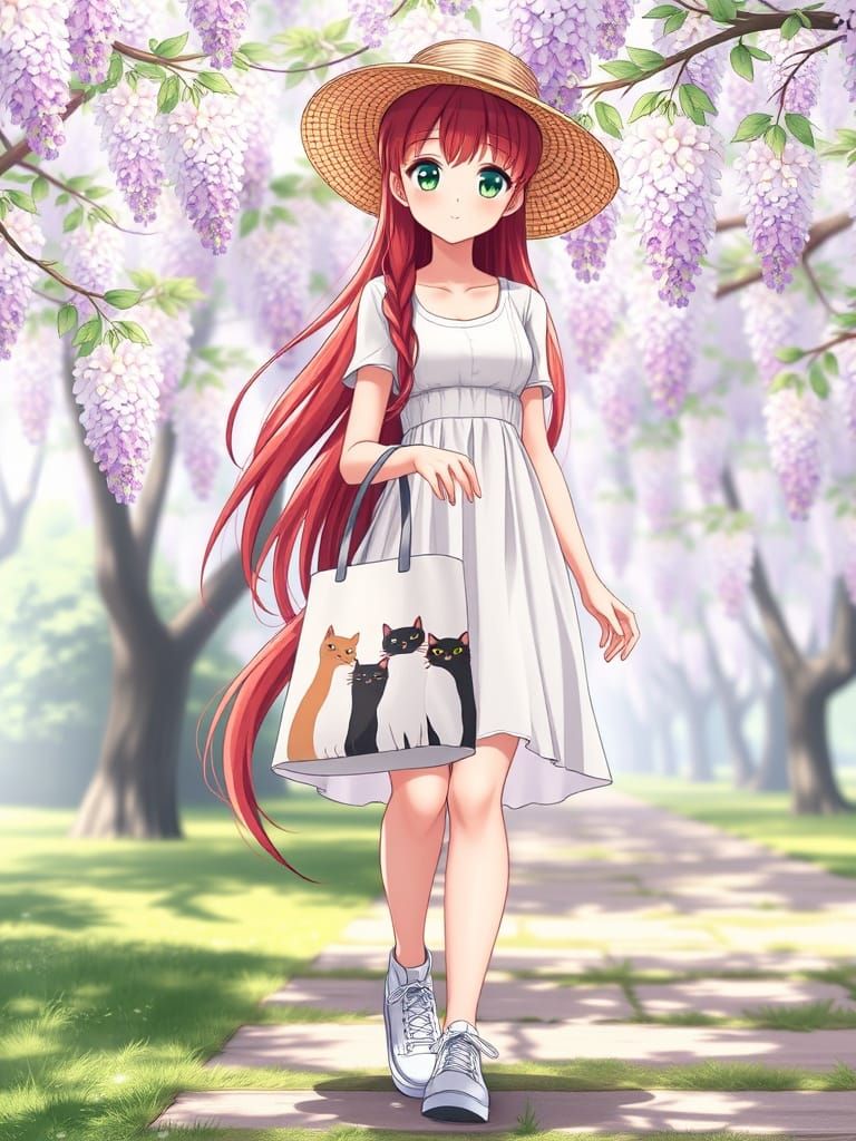 Japanese Woman Strolls Through Wisteria Blooms in Hyper Real...