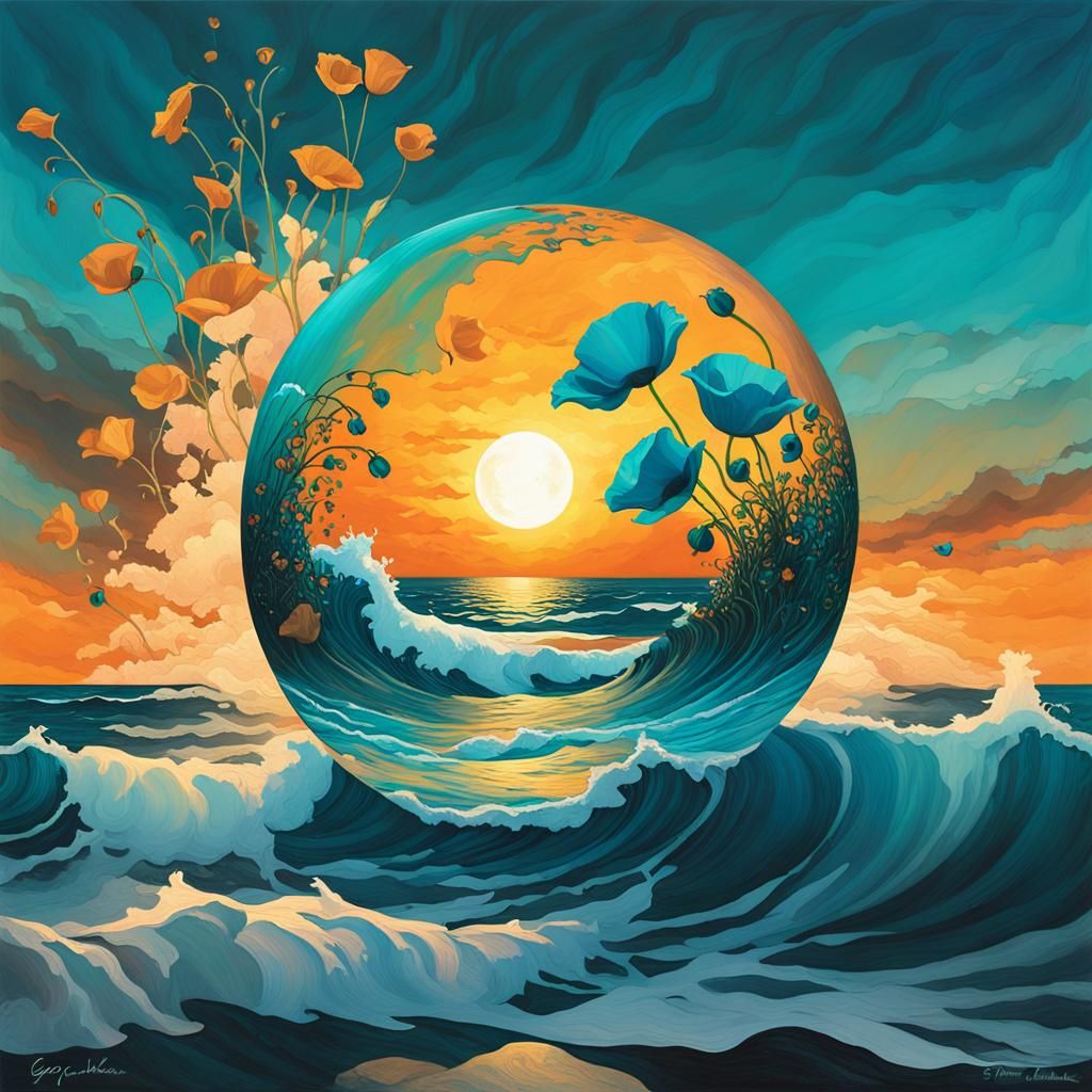 Moonlit Wave with Poppies in Art Nouveau Style