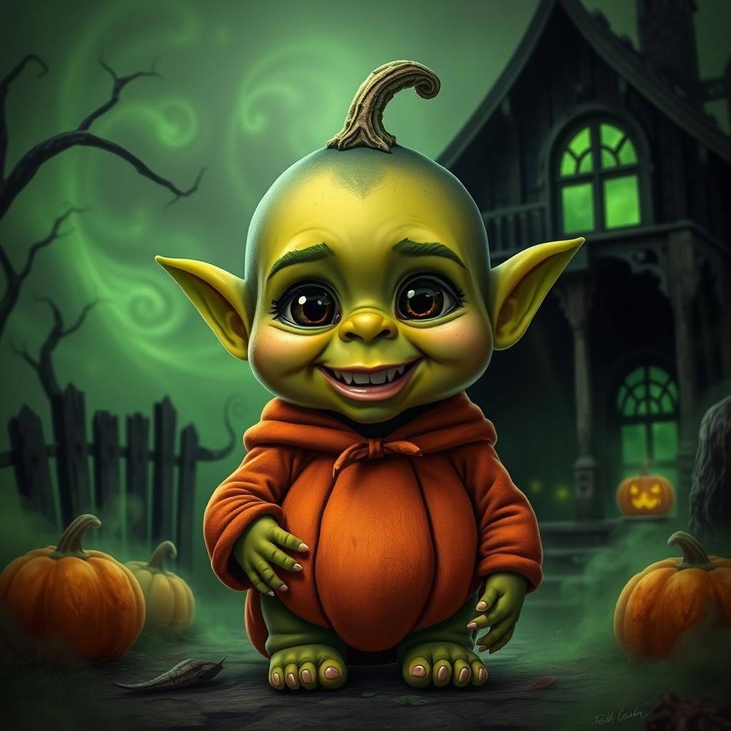 Adorable Orc Baby in Pumpkin Costume, Mystical Style