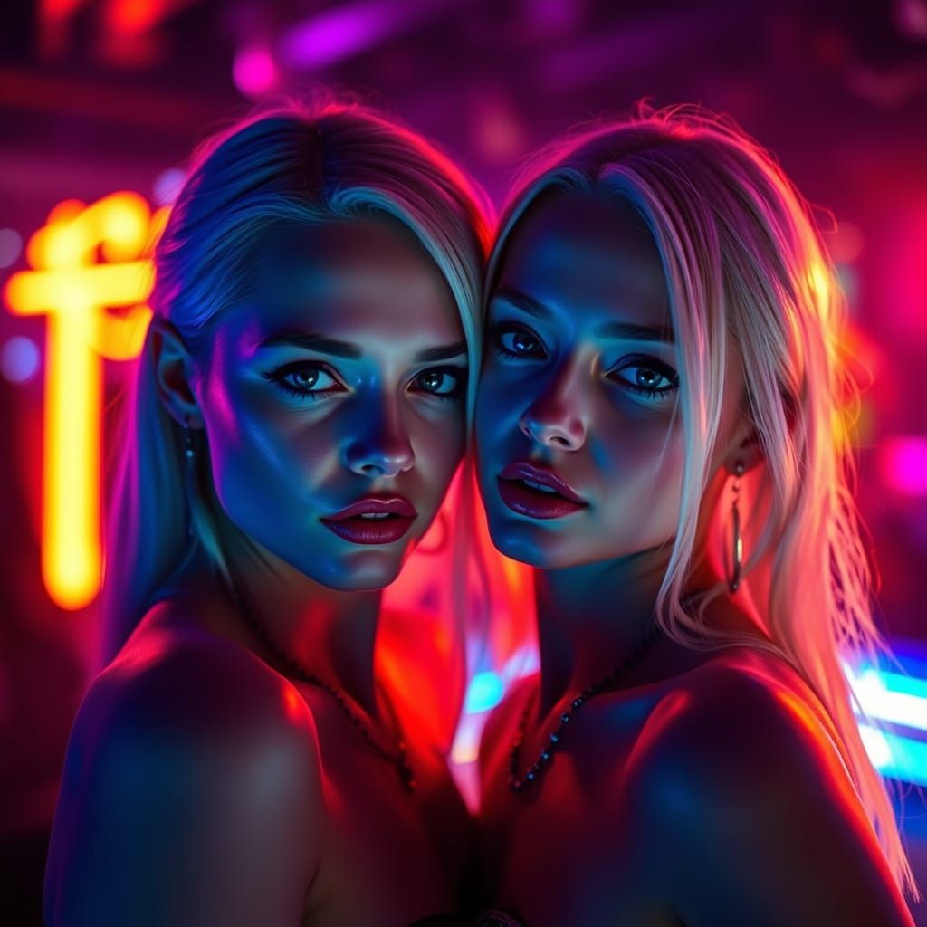 Glamorous Albino Twins Shine in Blue Nightclub Light