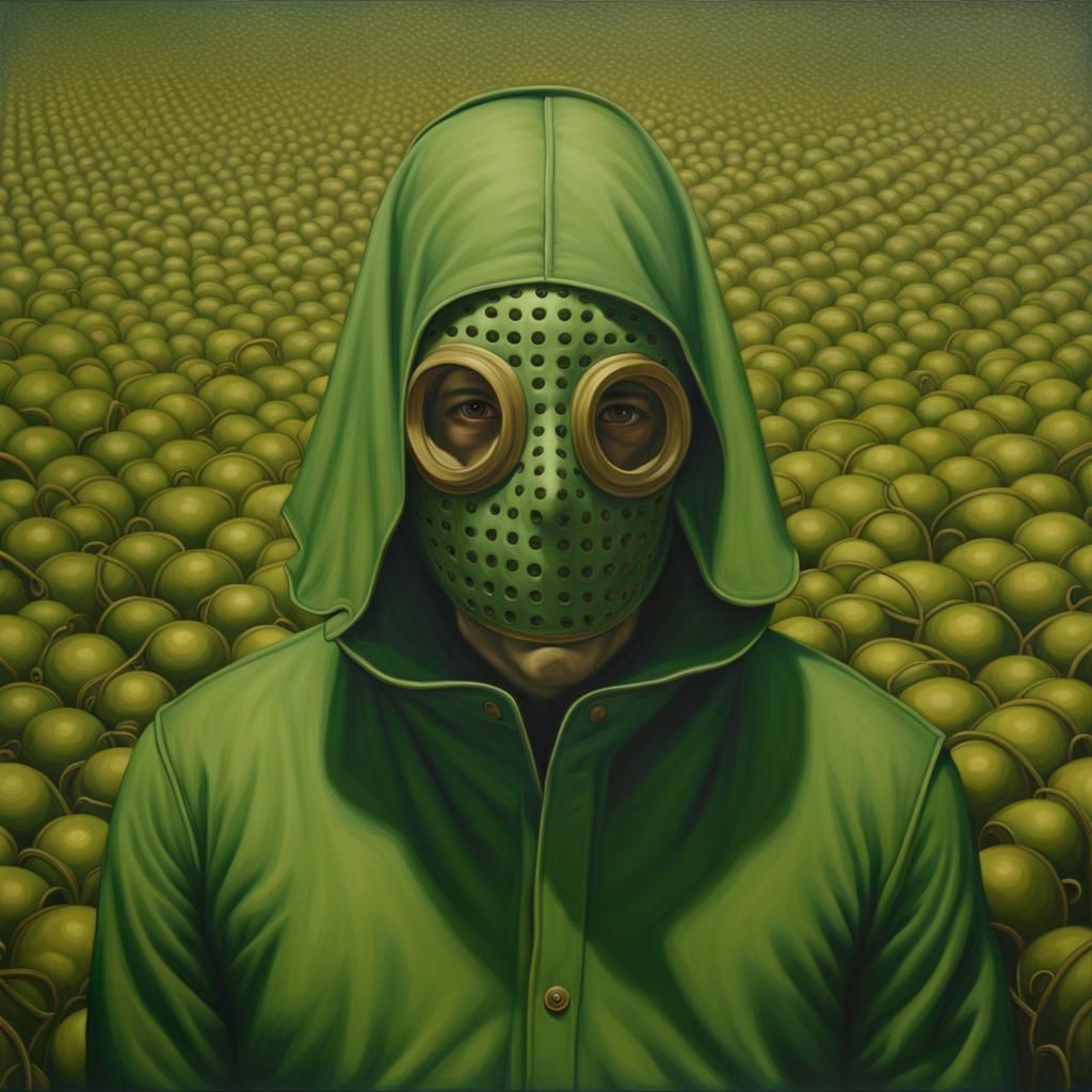 Man in Green Mask: Hyperrealistic Oil Painting