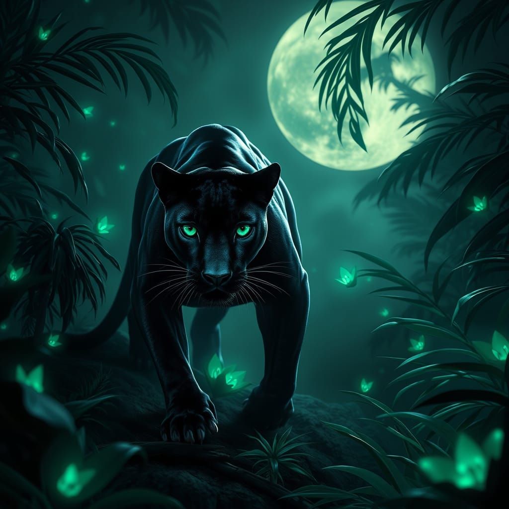 Black Panther Prowls Through Bioluminescent Jungle