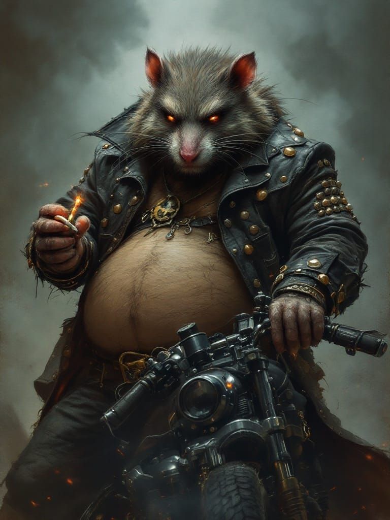 Rat-Wolf Biker in Noir Illustration Style