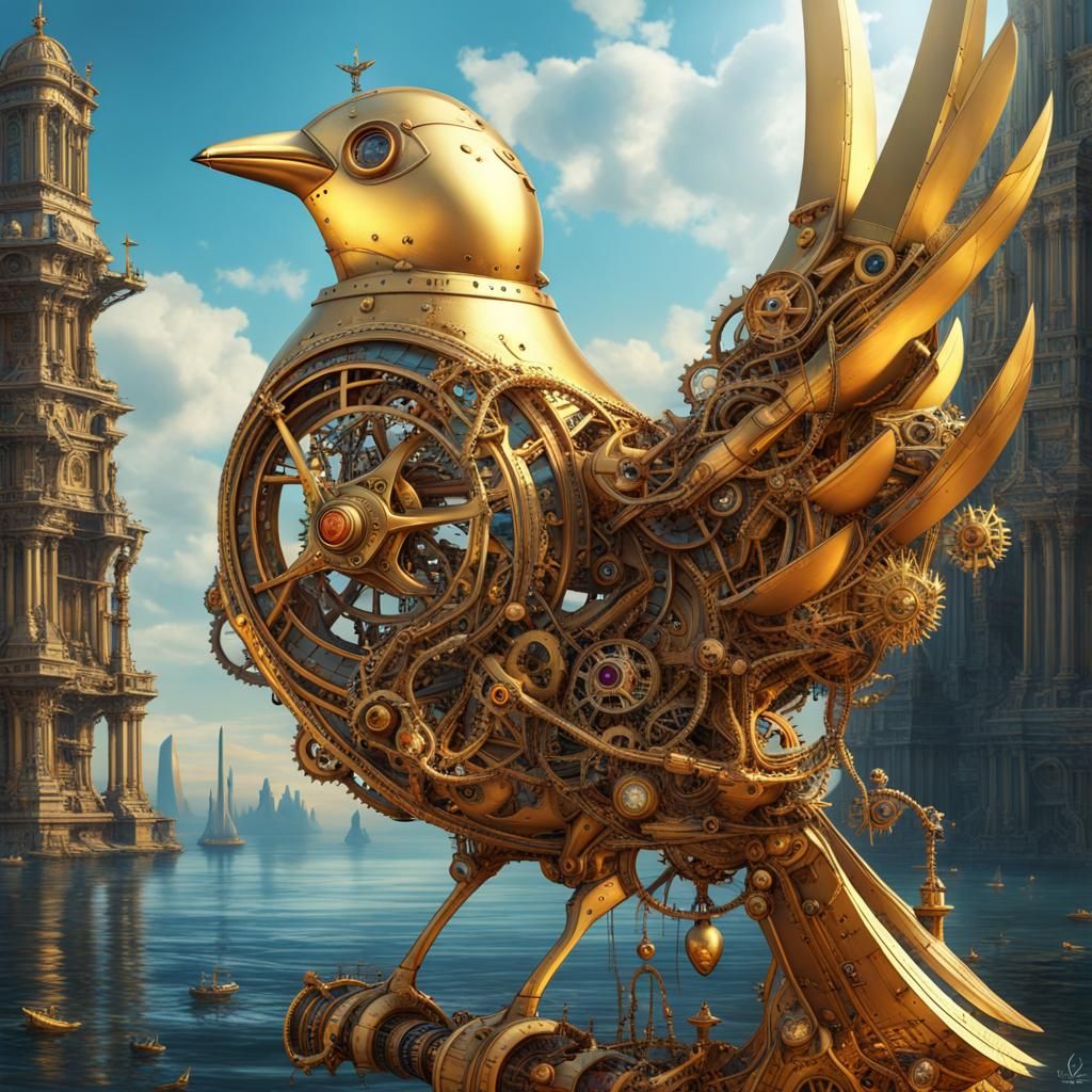 Golden Mechanical Bird Sailing Visionary Seas