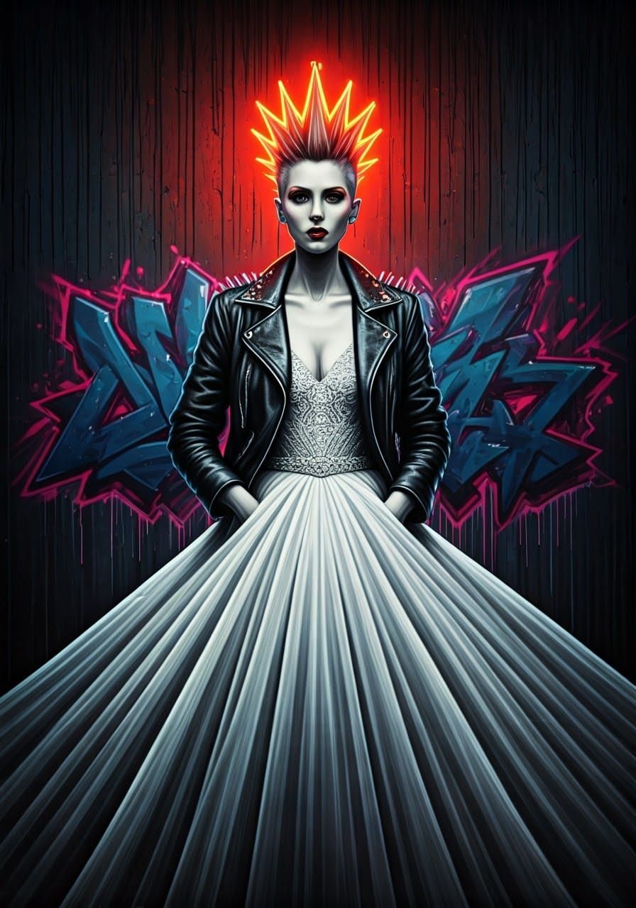 Punk Rock Princess with Neon Crown in Grunge Style