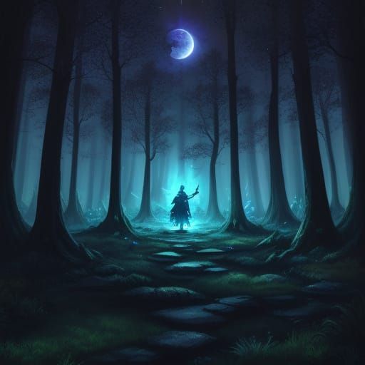 Mystical Wizard in Dark Forest Fantasy Illustration