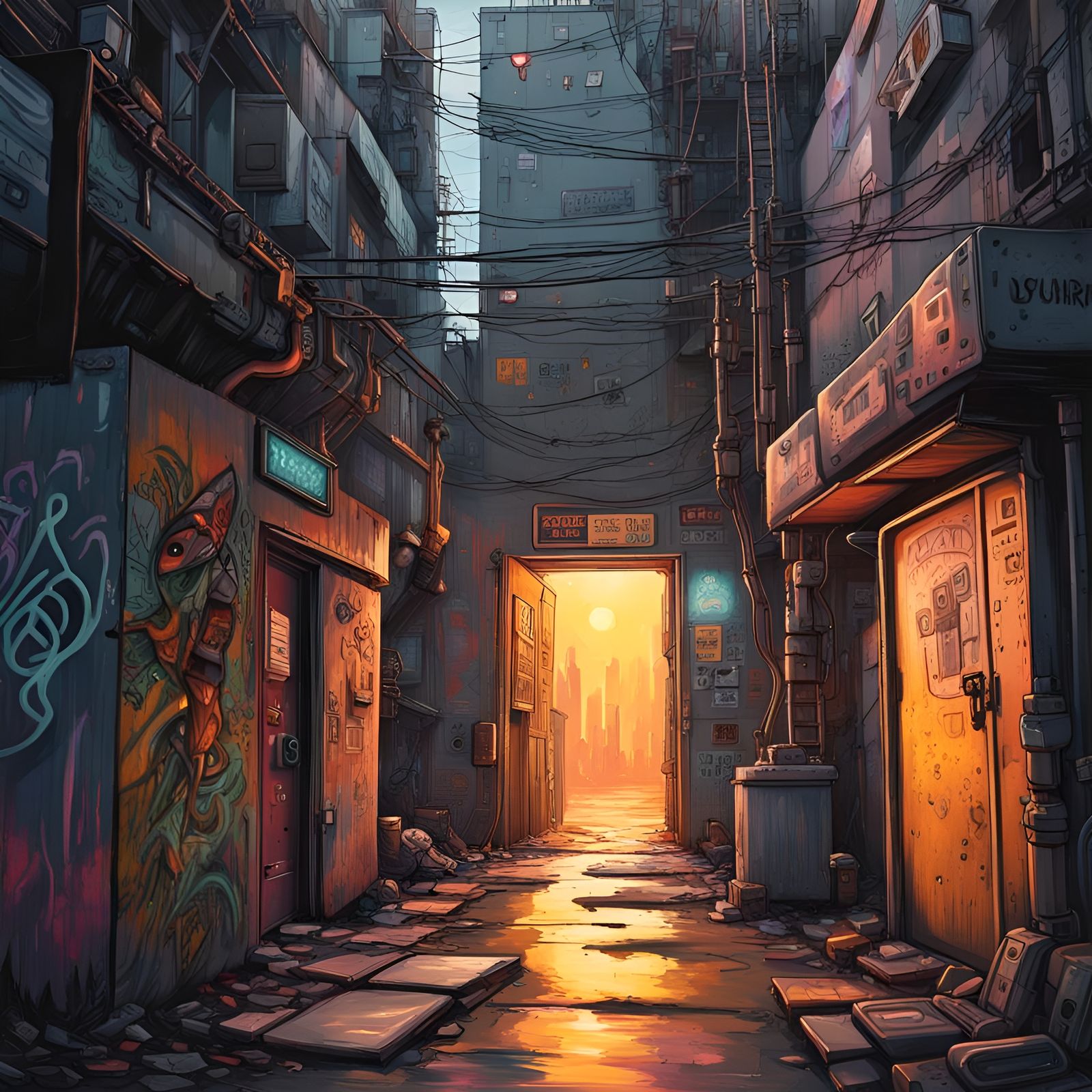 Cyberpunk Robot in Slum Alleyway Doorway