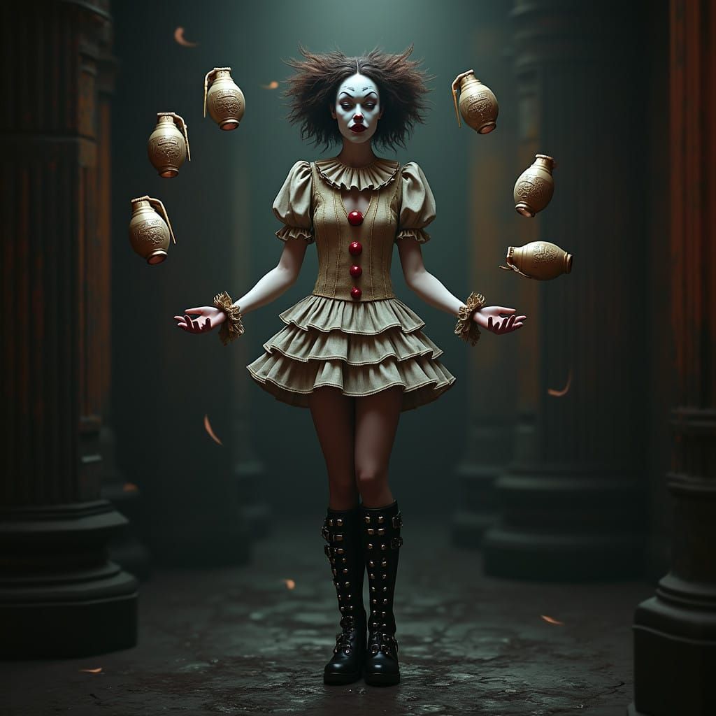 Fairytale Princess in Dark Clown Attire Juggles Grenades