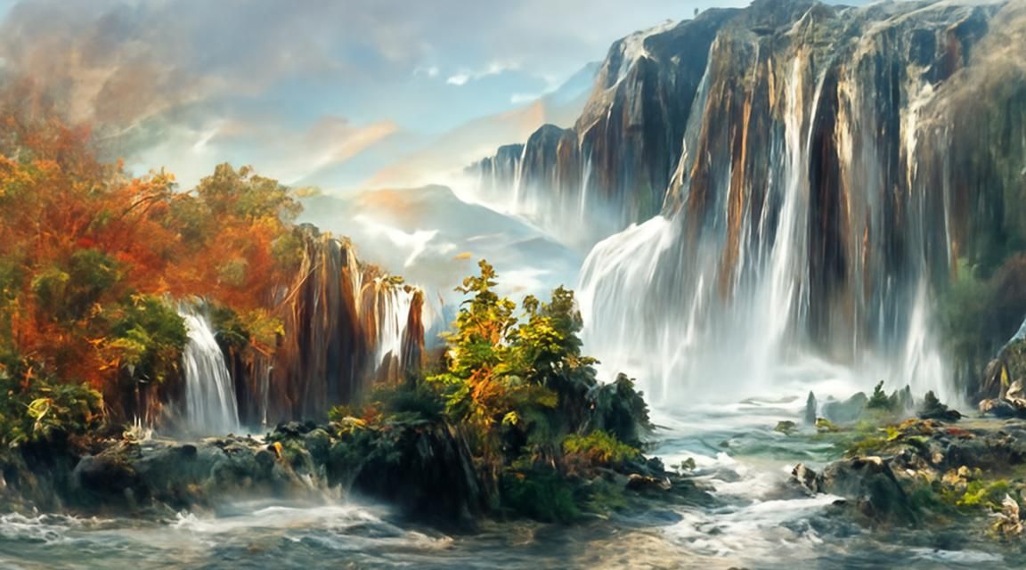 Lush Waterfall Landscape in Romanticism Style