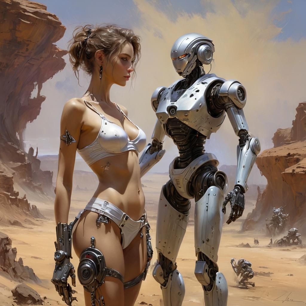 Woman and Robot on Alien World, Comic Book Art