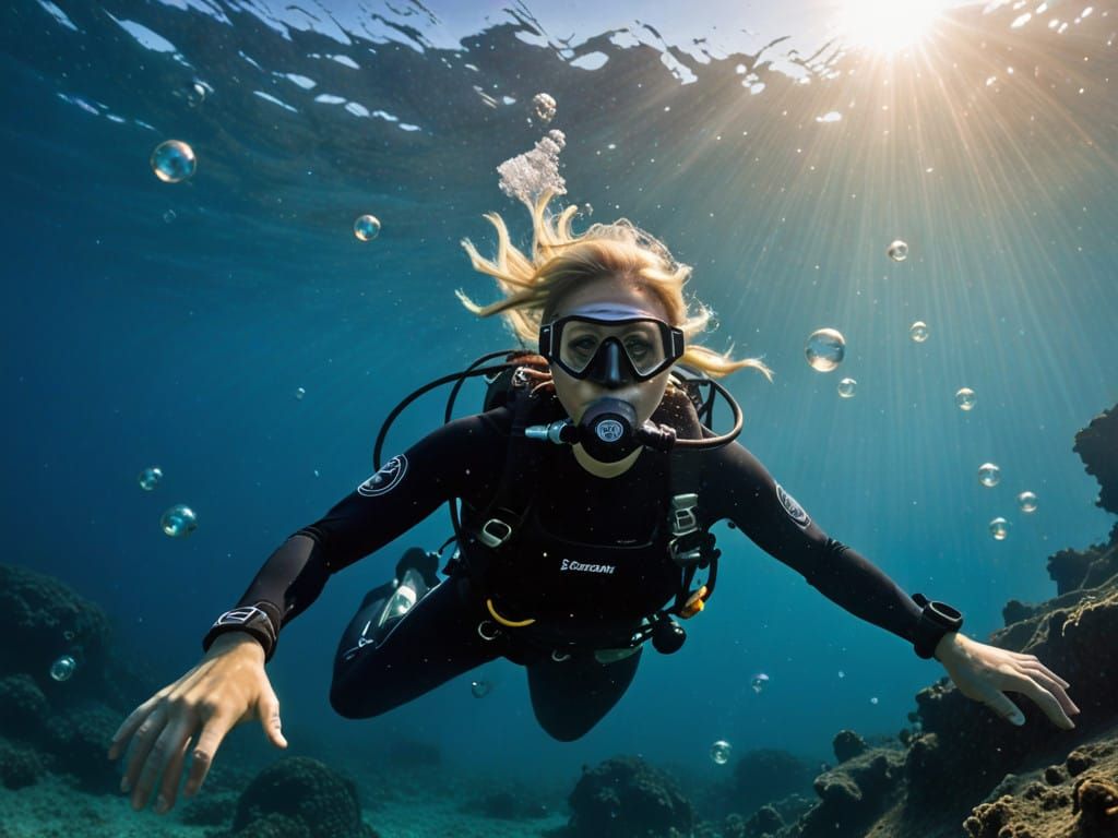 Bikini Diver Surrounded by Sunlit Bubbles Near a Wreck