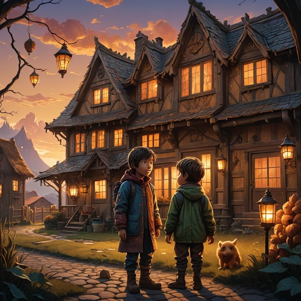 Child and Monster Friendship at Sunset: Fantasy Art