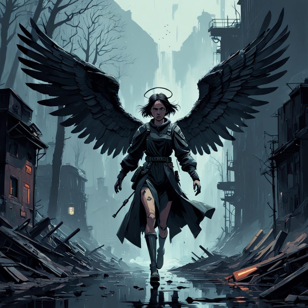 Surreal Fallen Angel in Cinematic Inking Style