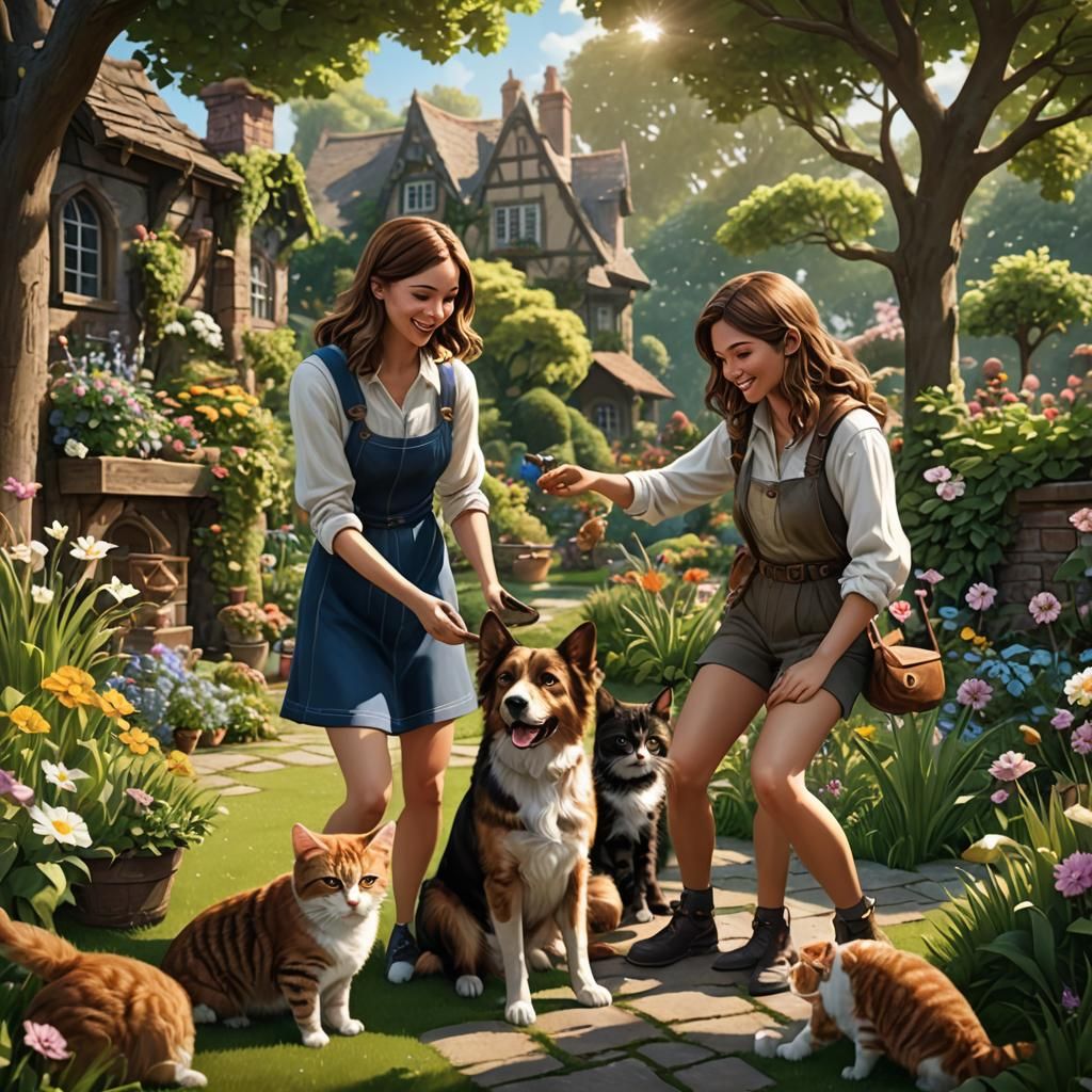 Couple Playing with Pets in Garden Illustration