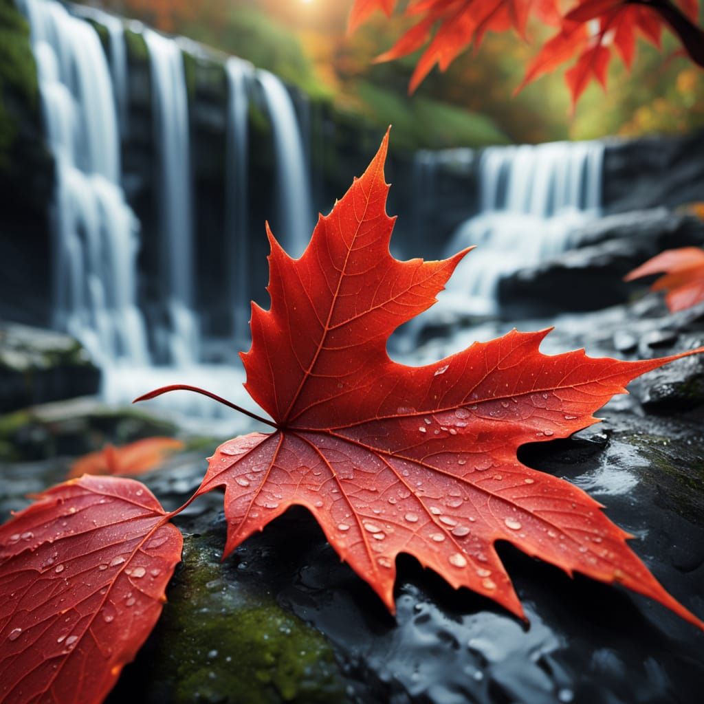 Macro Dew Drops on Autumn Leaf with Blurred Waterfall
