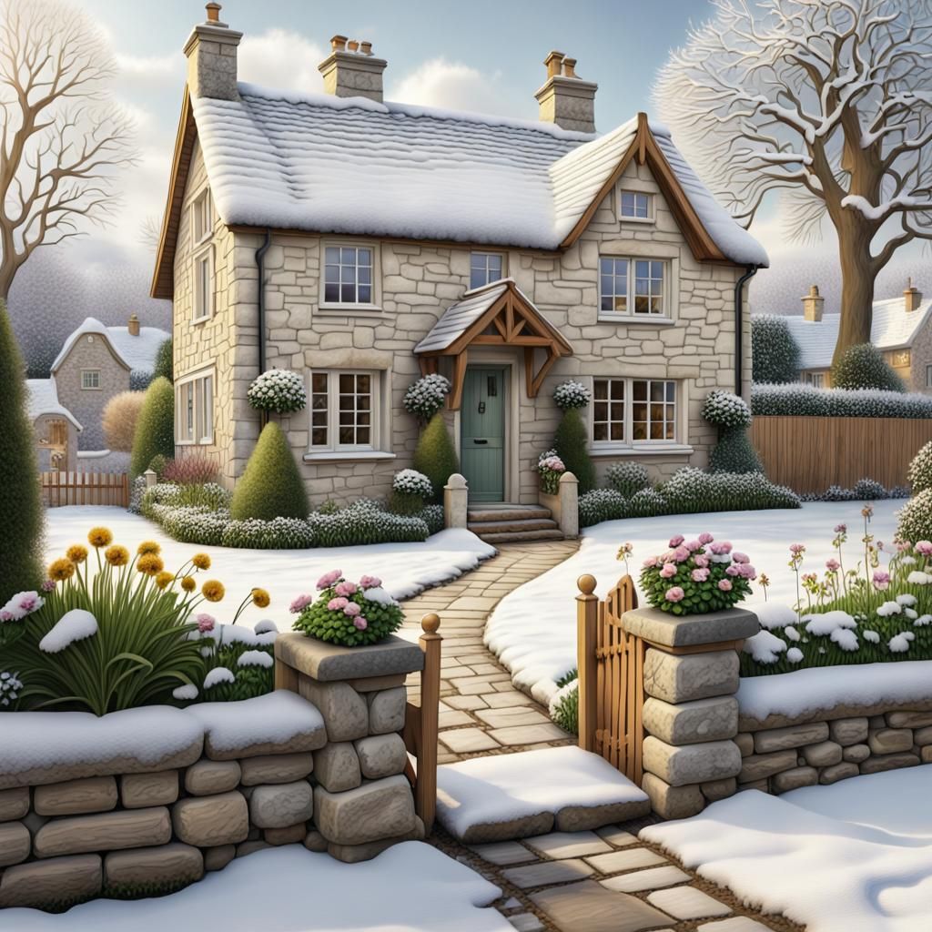 Snowy English Cottage Illustration in 8K