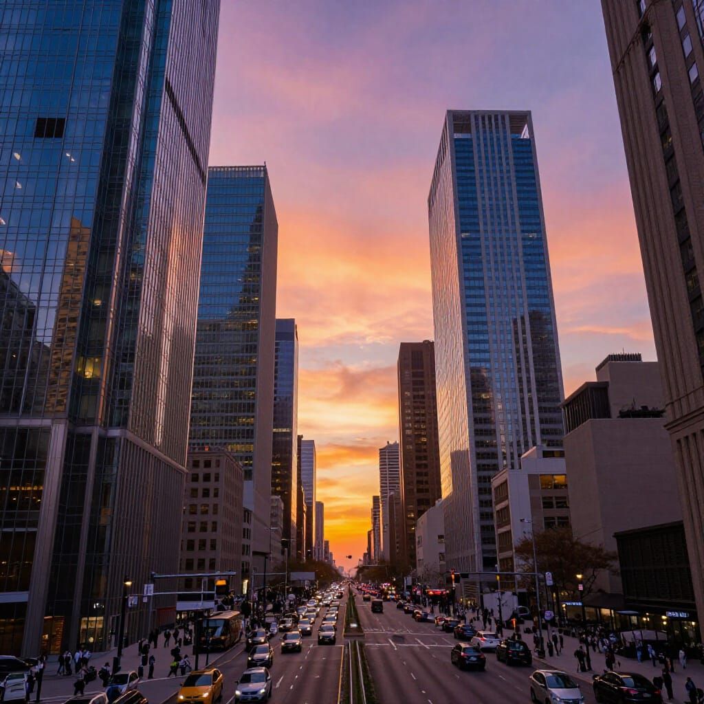 Vibrant Cityscape at Sunset in Photorealistic Style