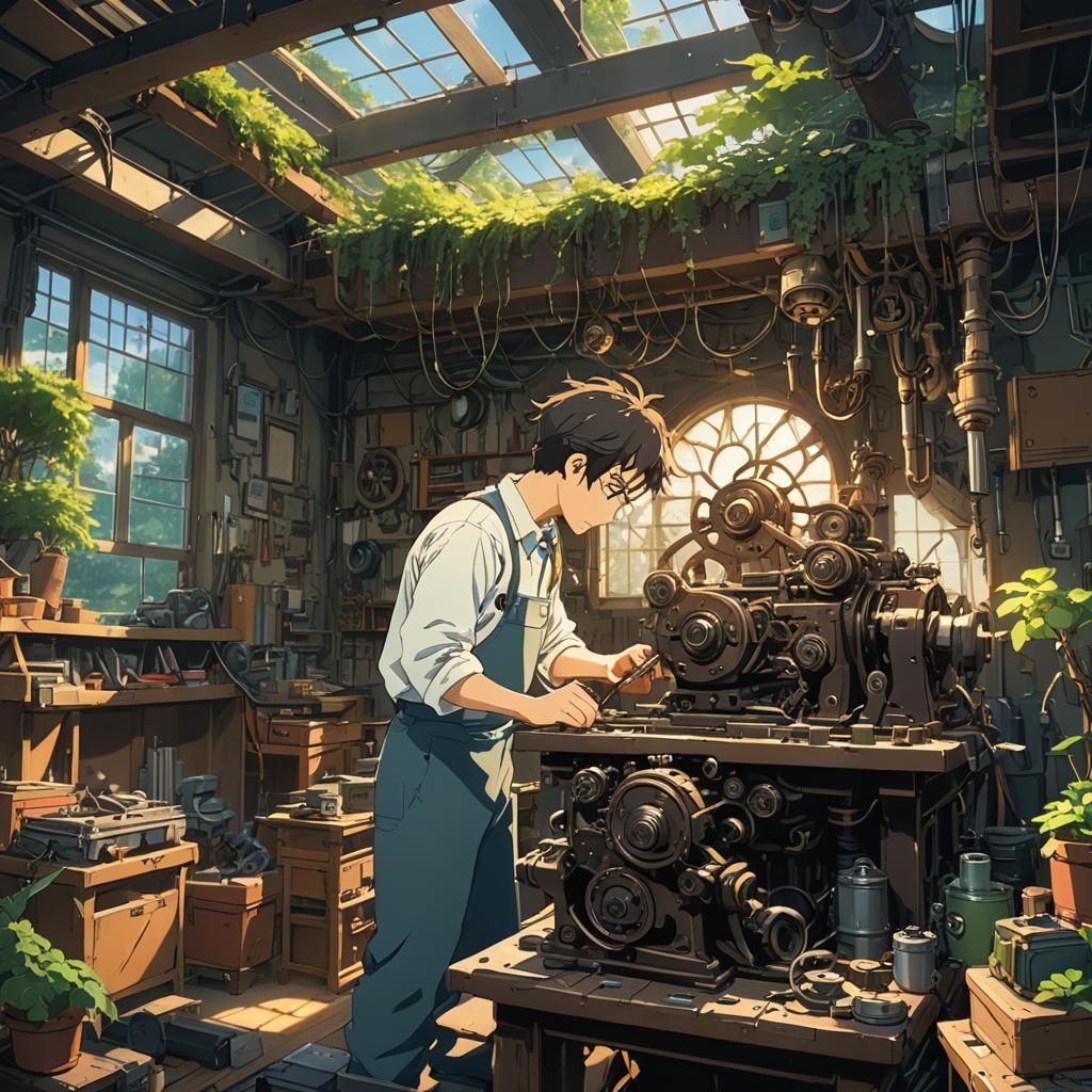 Anime Scene: Scientist's Whimsical Workshop in Ghibli Style