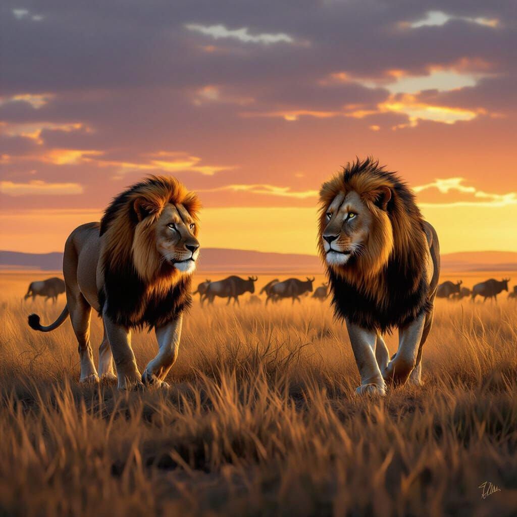 Lions Stroll African Savanna at Dusk, Wildebeest Flee