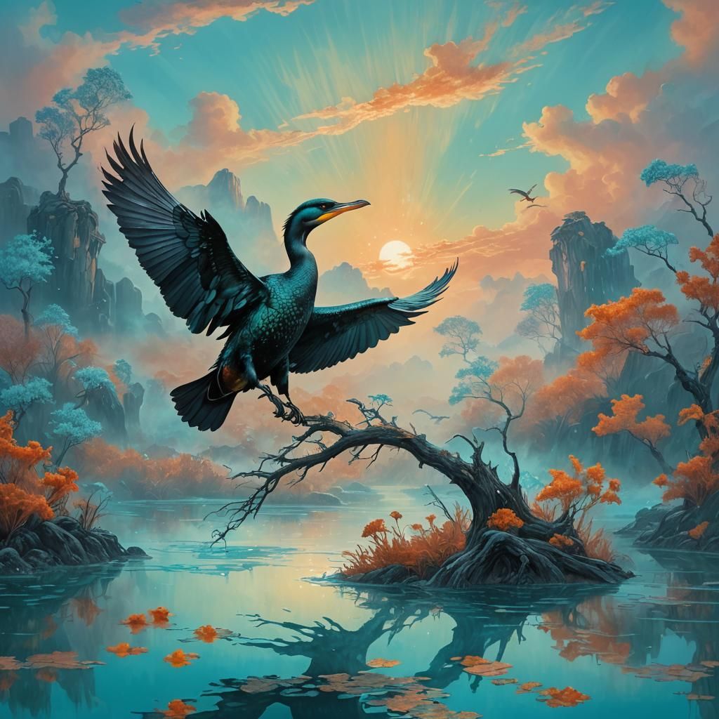 Cormorant Soaring Through Iridescent Mist