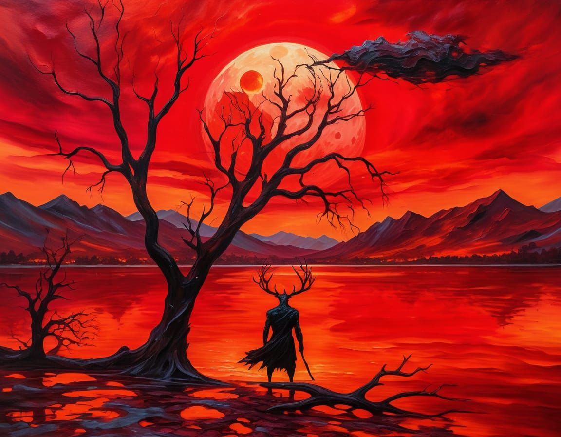 Fiery Silhouette Creature by Lakeside as Impasto Painting