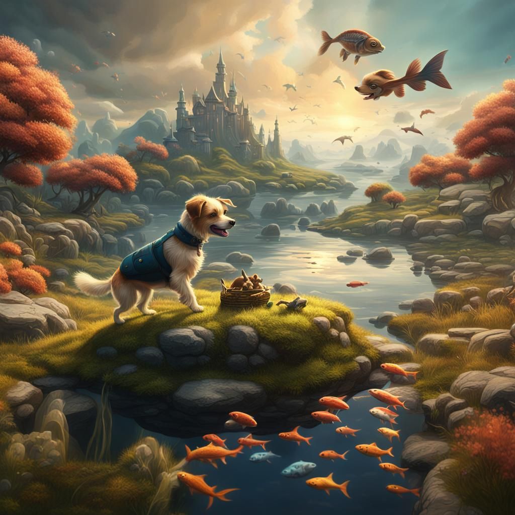 Dog and Fish in Fantastical Landscape