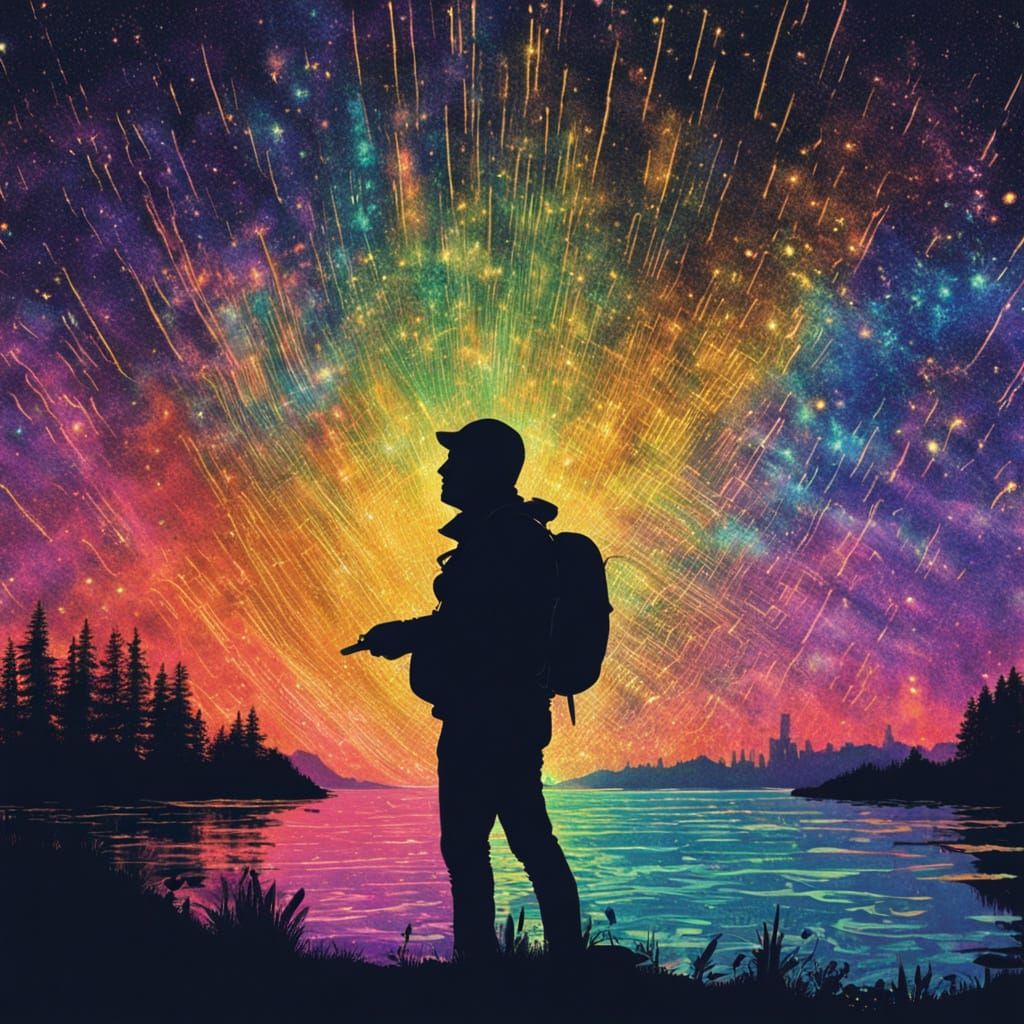 Cosmic Silhouette Hologram in Vibrant Light Painting