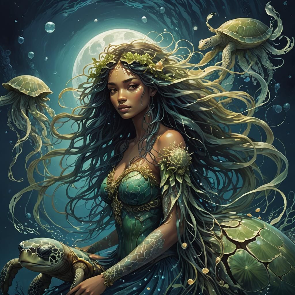 Mystical Ocean Goddess Riding Sea Turtle