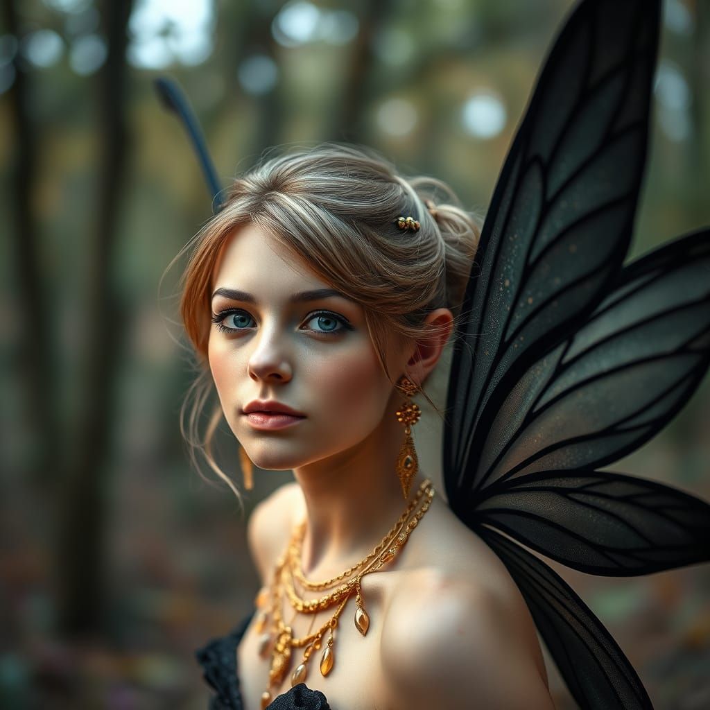 Fairy with Black Wings: Magical Forest Portrait